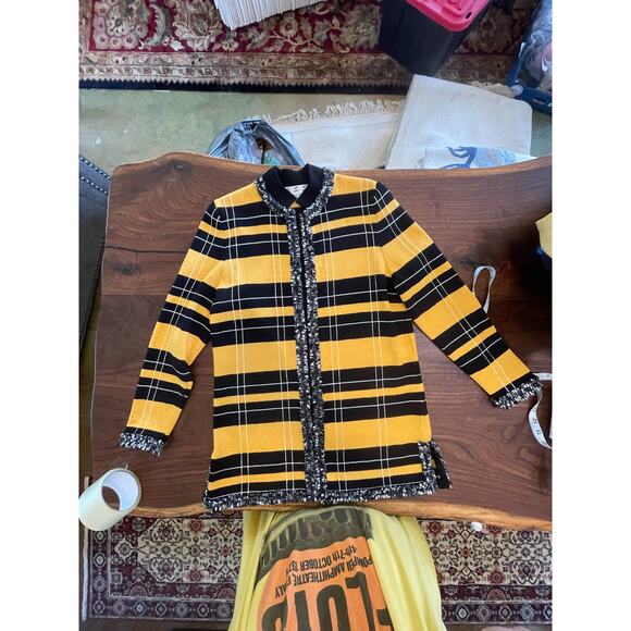J.S.S Womans Knit Wear Jacket Sz S Yellow and black with fringe trim wool blend - Picture 8 of 13